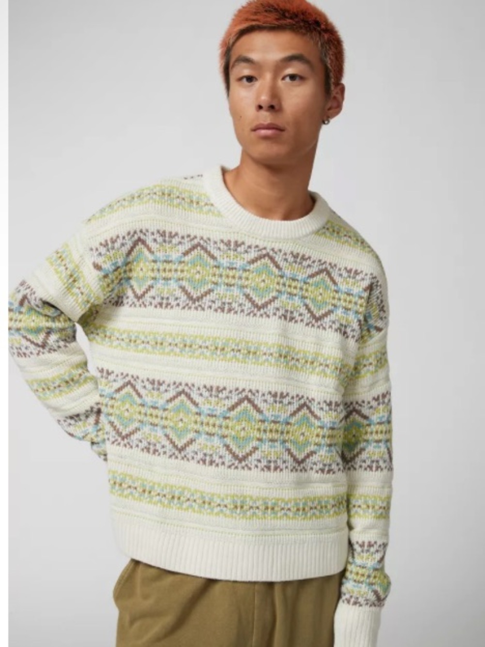 New! Urban Outfitters Men's Fair Isle Patterned Knit Sweater Cream